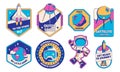 Vintage space and astronaut badges. Retro galaxy with rocket flight to insignia labels, old style planet and space Royalty Free Stock Photo