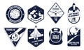 Vintage space emblem. Retro monochrome labels with galaxy rocket shuttle stars and planets, classic space symbols in