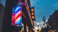 Vintage spinning barber pole with red and blue stripes glowing at night Royalty Free Stock Photo