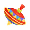 Vintage spinning top. Multicolored children whirligig toy. Plastic humming top. Flat vector icon