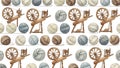 Vintage Spinning Wheels and Yarn Balls Pattern Royalty Free Stock Photo