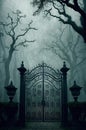 A vintage and spooky gate, leading to dark and mysterious garden. Steampunk, gothic atmosphere. Halloween concept.