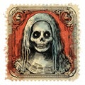 Vintage Spooky Skeleton Stamp With Ghost Image - Vector Illustration