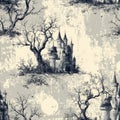Vintage spooky wallpaper pattern with haunted castles and trees, distressed texture Royalty Free Stock Photo
