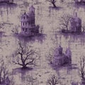 Vintage spooky wallpaper pattern with haunted castles and trees, distressed texture Royalty Free Stock Photo