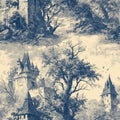 Vintage spooky wallpaper pattern with haunted castles and trees, distressed texture Royalty Free Stock Photo