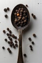 Vintage Spoon Filled with Black Peppercorns on a Textured White Background Royalty Free Stock Photo