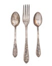 Vintage spoon, fork and knife on the background of the old colored boards Royalty Free Stock Photo