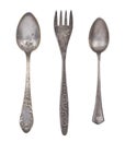 Vintage spoon, fork and knife on the background of the old colored boards Royalty Free Stock Photo