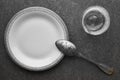 Vintage spoon, plate and glass of water