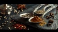 Artistic display of spices on vintage spoons on a dark background. culinary spices concept still life. elegant food Royalty Free Stock Photo