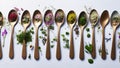 Vintage spoons holding a variety of dry teas.