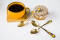 Vintage spoons, silverware, black coffee cup on the table Royalty Free Stock Photo