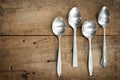 Vintage spoons on wooden background.