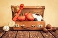 Vintage sport items in suitcase