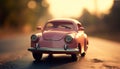 Vintage sports car driving through nature at sunset, elegance personified generated by AI