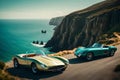 A vintage sports car parked by the cliffs of a breathtaking coastal route, capturing the beauty of both the car and the landscape