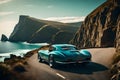 A vintage sports car parked by the cliffs of a breathtaking coastal route, capturing the beauty of both the car and the landscape