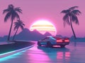 Retro Futuristic Beach Sunset with Sports Car Royalty Free Stock Photo