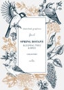 Vintage spring card or invitation template. Vintage frame designs with birds, flowers, leaves and blooming tree branches. Almond, Royalty Free Stock Photo