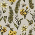 Vintage Spring Flowers Seamless Pattern, Classic Botanical Daffodil Floral Texture, Moth and Fern