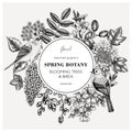 Vintage spring hand drawn wreath template. Floral frame designs with birds, flowers, leaves and blooming tree branches. Almond, Royalty Free Stock Photo