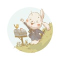 Vector spring illustration of cute bunny waving in his hole in green hill at mailbox isolated.