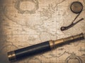 Vintage spyglass and whistle of the boatswain. Royalty Free Stock Photo