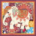 Vintage square card with cute cartoon indian elephant, flower mandala and paisley in patchwork style. Napkin, cushion Royalty Free Stock Photo