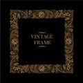 Vintage square ornamental openwork golden floral frame on black background