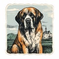 Vintage St. Bernard Dog Illustration With Detailed Architectural Elements