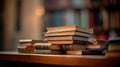 Vintage stack of old books on a wooden table. Generative AI Royalty Free Stock Photo