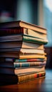 Vintage stack of old books on a wooden table. Generative AI Royalty Free Stock Photo