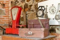 Vintage staff: suitcase, red big scales, briefcase, clock Royalty Free Stock Photo