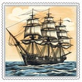 Vintage Stamp Illustration Of A Sailing Ship In Religious Iconography Style