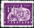 Vintage stamp printed in Bulgaria 1951 shows first tractor