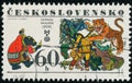 Vintage stamp printed in Czechoslovakia circa 1978 shows illustrations for children`s books by Gennady Pavlishin