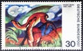 20. Vintage stamp printed in Germany shows `Deer in Red`, painting by Franz Marc