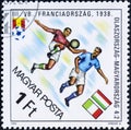 . Vintage stamp printed in Hungary shows Football World Cup in Spain in 1982, Italy v. Hungary Royalty Free Stock Photo