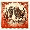 Vintage Stamp With Two Lions Fighting - Detailed Necronomicon Style Illustration Royalty Free Stock Photo