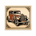 Vintage Car Stamp: Intricate Woodcut Design With Charming Character Illustrations