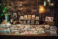 vintage stamps displayed on a wooden table