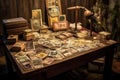 vintage stamps displayed on a wooden table