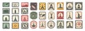 Vintage stamps grunge icons, travel postage stamp with sights of countries for mail postcard departure stickers, antique