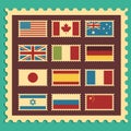 Vintage Stamps Representing World Flags.