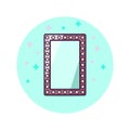 Vintage standing mirror label isolated on blue circle background. Design template for banner, badge, logo, web sites, stores.