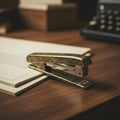A vintage stapler rests on a stack of papers on a wooden desk, suggesting an office Royalty Free Stock Photo