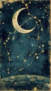 Vintage Starry Sky with Constellations and Crescent Moon background