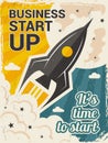 Vintage startup poster. Business launch concept with rocket or space shuttle start vector placard in retro style Royalty Free Stock Photo