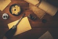 Vintage stationery on wooden table in candlelight Royalty Free Stock Photo